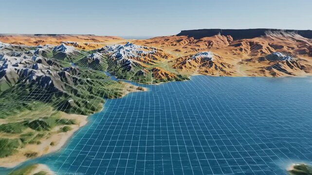 Digital landscape with grid overlay transforming into a detailed natural environment then back to a wireframe map