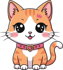 Cartoon cute tabby cat illustration featuring sparkling eyes, pink cheeks, striped fur, heart collar, and curled tail for children&rsquo;s books, stickers, pets, and design projects