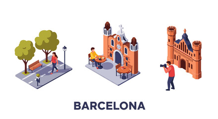 Fototapeta premium Isometric design of barcelona landmarks and activities with people in urban setting
