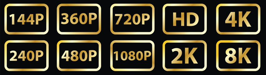 Gold Video Resolution Icons: Luxurious Labels for 144P up to 8K Quality
