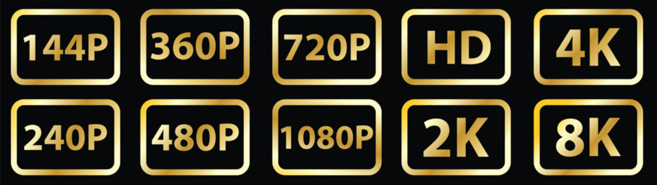 Gold Video Resolution Icons: Luxurious Labels for 144P up to 8K Quality