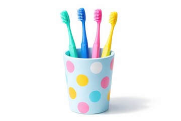 Various colorful toothbrushes in dotted cup, bright dental care set, studio shot, white background