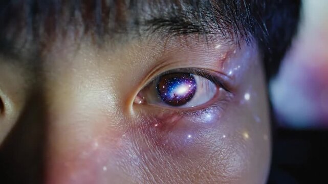 astronomy student portrait with digital galaxy reflections expressing focus and advanced science education atmosphere Video 4K UHD 60fps