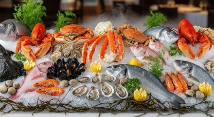Abundant display of fresh, raw crustaceans, mollusks, and whole fish presented attractively on crushed ice
