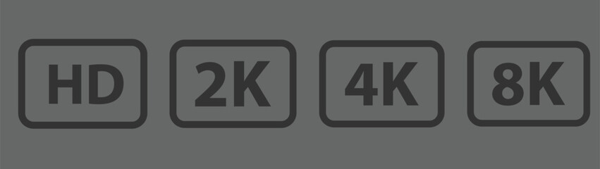 Grey HD, 2K, 4K, 8K Resolution Icons on Gray Background