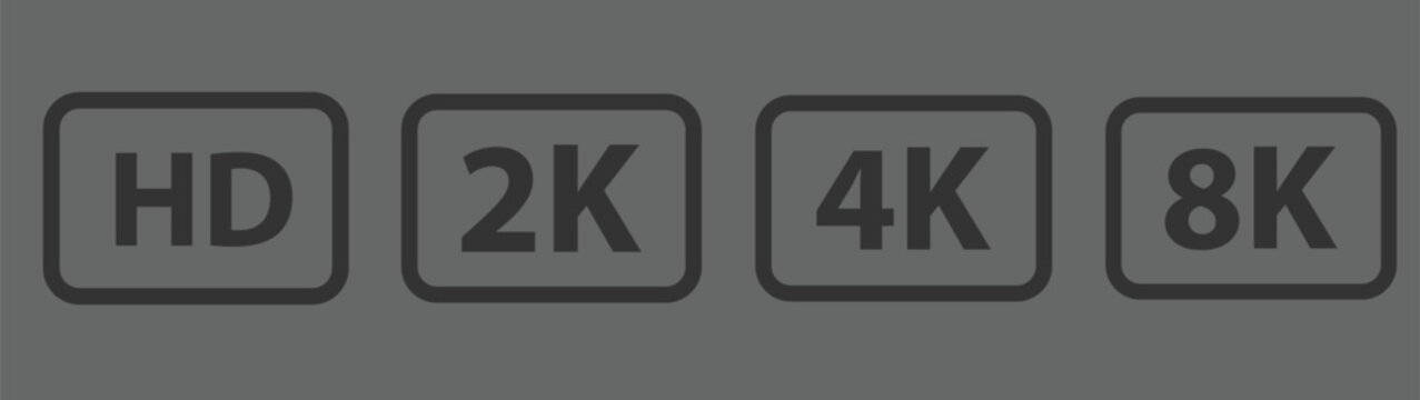 Grey HD, 2K, 4K, 8K Resolution Icons on Gray Background