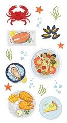Obraz premium Assortment of cooked and raw seafood dishes arranged with marine flora and fauna illustrations