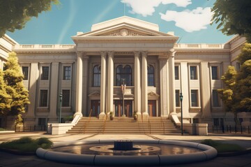 Naklejka premium Courthouse building featuring columns, pediment, and stairs with a fountain in the foreground