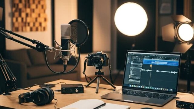 Podcast workspace with microphone cable motion and laptop glow under studio lighting