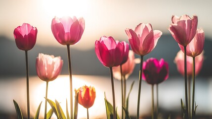 Colorful tulips bloom during sunset near a lake in a garden setting with bright light
