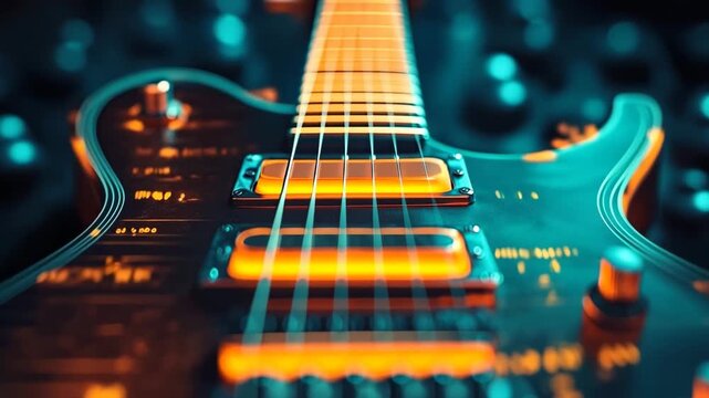 Close-up of electric guitar strings vibrating with warm and cool neon lights on a blurred background