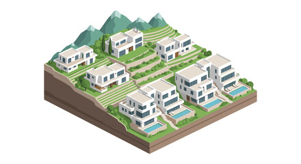 Naklejka premium Modern isometric hillside villas with pools and mountains