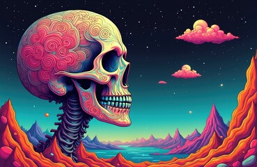 Fototapeta premium Psychedelic skull floats in alien cosmos. Colorful planets, pink clouds drift in starry sky. Surreal landscape with strange mountains and water body.