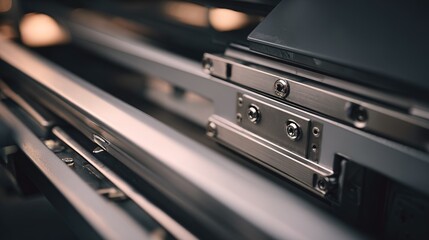 Obraz premium Close view of machinery components showing metal parts in a workshop setting during late afternoon