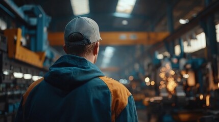 Fototapeta premium Worker observes machines in a busy factory during the late afternoon hours in a well-lit industrial space