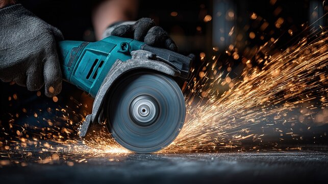 Using a power tool to cut metal with sparks flying in a workshop during daytime hours