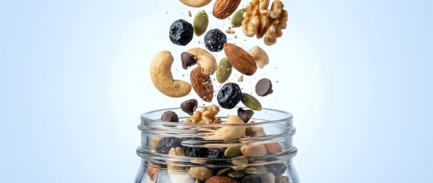 Mixed nuts and dried fruits falling into glass jar on white background for healthy snacking and food storage concepts.