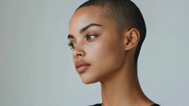 Portrait of a gorgeous young woman with a buzz cut slowly turning her head in a studio setting