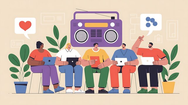 A diverse group of people are gathered around listening to music from a retro boombox