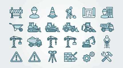 Construction site equipment, worker, and tools vector icons set © StockStudio