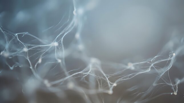 Delicate white neural network connections floating in soft gray atmosphere creating abstract organic web structure for scientific and technology concepts.