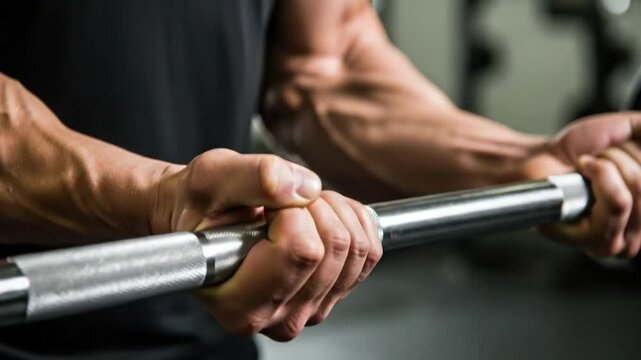Barbell grip closeup with muscle tension and light sweeping across hands