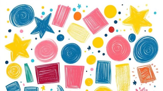 Colorful hand-drawn abstract geometric shapes and doodles moving on a white background