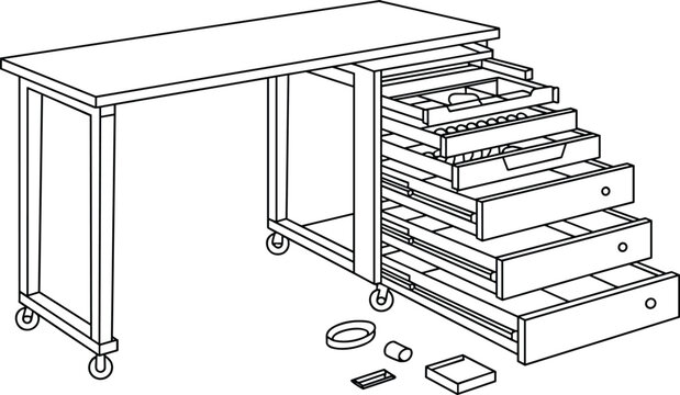 Isometric line art workbench with rolling drawers and organized tools illustration for workshop furniture, storage system, and industrial interior design concepts projects