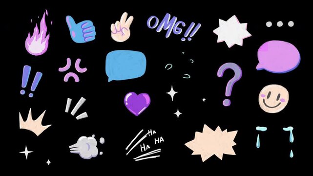 Hand-drawn crayon chalk animated emotion stickers set, expressive tear, angry, OMG text, speech bubble, impact FX, sparkle, hahaha, and reaction symbols on transparent background, alpha channel