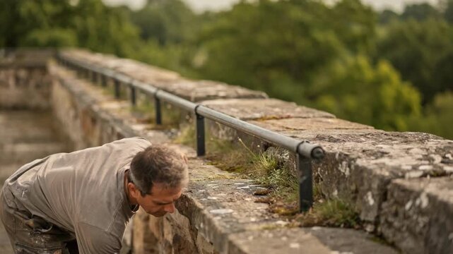 Shot capturing an artisan painting subtle protective railings on a fortress rampart bordered by grass with the lush greenery gently blurred behind.
