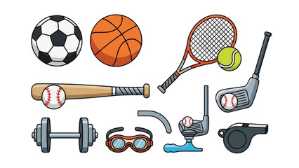 Assorted Sports Equipment and Accessories Displayed Together Flat Lay Illustration