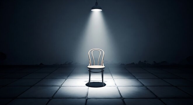 Lonely white chair illuminated under a spotlight in a dimly lit room