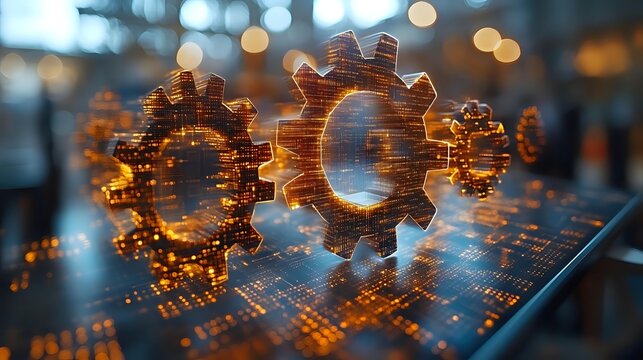 Digital transformation concept with glowing circuit board gears representing automation, technology integration and industrial innovation processes.