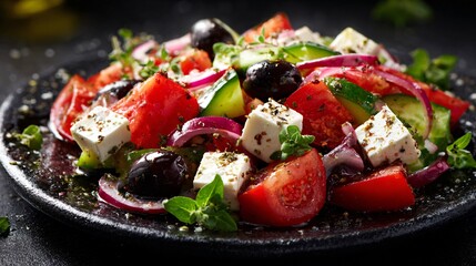 Greek salad with oregano sprigs scattered naturally, organic imperfect styling