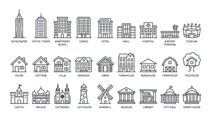 Outline vector icons of various building types and architecture collection © StockStudio