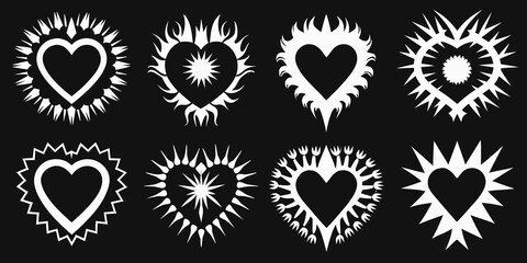 Eight stylized white hearts with radiating spikes on a black background