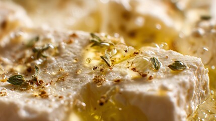 Macro close-up of feta cheese texture in Greek salad, olive oil pooling, oregano leaves visible, shallow depth of field, abstract food detail study