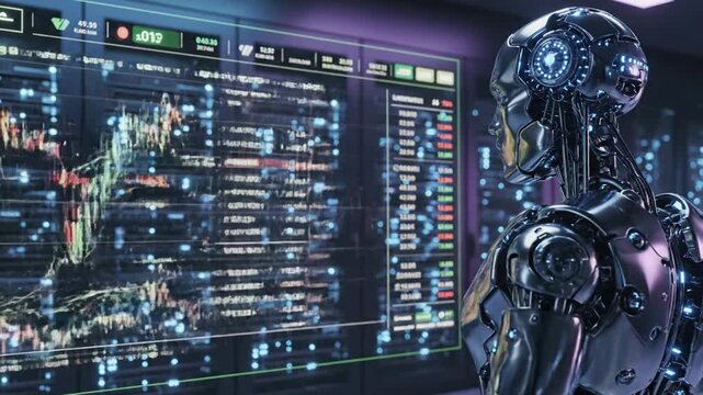 Futuristic humanoid robot analyzing dynamic financial market data on tech digital screens with real time stock trading charts and graphs in a cybernetic control room