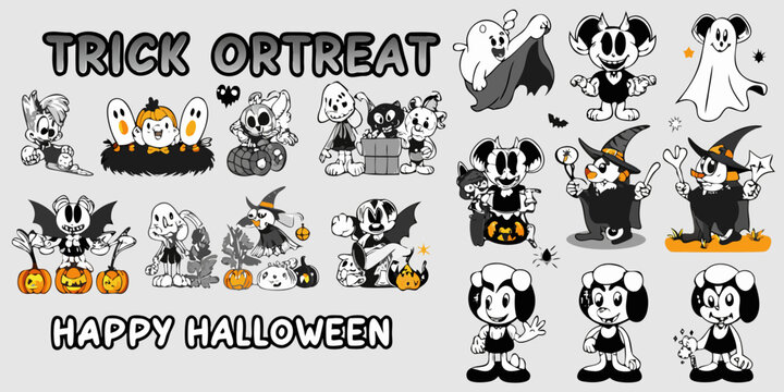 Cartoon mice celebrate halloween with costumes and spooky decorations