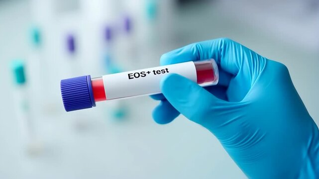 Doctor holding blood sample tube for eos test, laboratory diagnostics of eosinophil levels for allergy detection, parasitic infection screening and immune response evaluation in clinical medicine