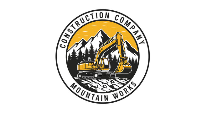 Mountain Works Construction Company Logo with Excavator and Mountains.