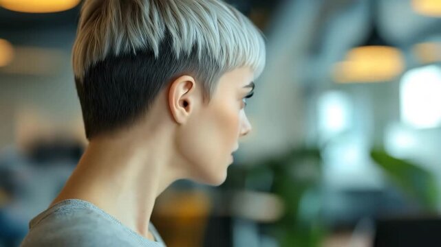 Stunning young woman with short platinum hair and green eyes posing in a modern interior