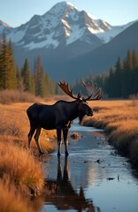 Fototapeta premium Majestic bull moose stands in shallow stream water at sunset. Huge antlers visible. Mountains and pine trees in background. Dry grass field surrounds stream. Animal drinks water.