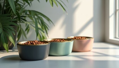 Obraz na płótnie Canvas Three modern pet bowls in gray, mint, and pink hues, full of kibble. A green plant casts shadows by the window, creating a serene home atmosphere for pets dining.