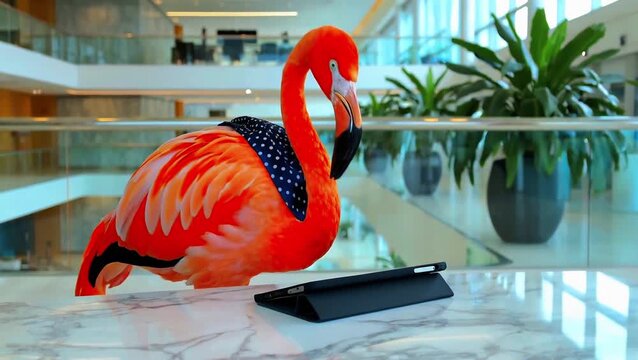 Surreal business concept of pink flamingo wearing neck scarf at marble reception desk in tech office. Tropical bird looking at digital tablet in luxury lobby with modern architecture and plants.