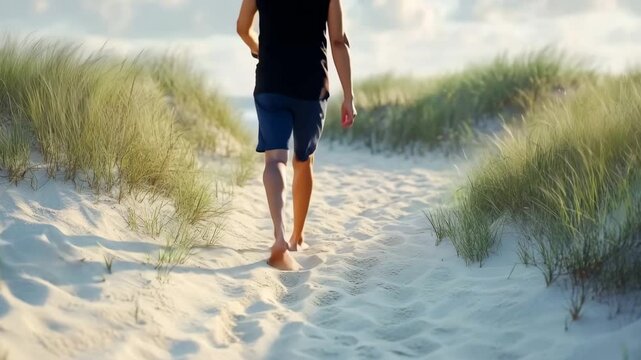 Lone man walking barefoot on a sandy path through grassy dunes leading to the beach at sunset