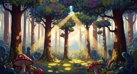 Sunlight filters through the dense canopy of an enchanted woodland featuring large spotted toadstools.