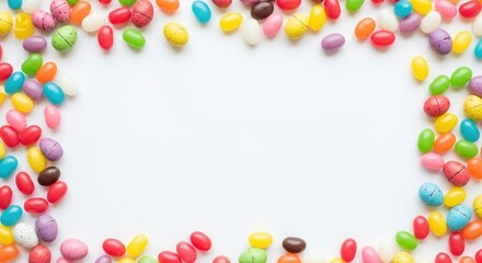Obraz premium festive assorted jelly beans forming colorful frame on white background for candy concept