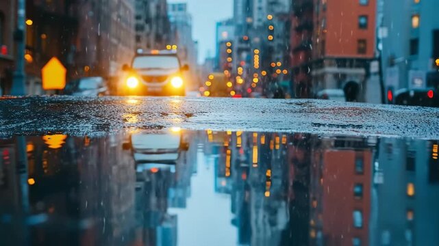 Moody urban scene with raindrops falling into a puddle on the asphalt reflecting city lights