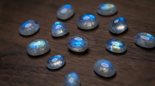 Collection of polished labradorite gemstones with blue flash scattered on dark wooden surface for jewelry making and crystal healing practices.